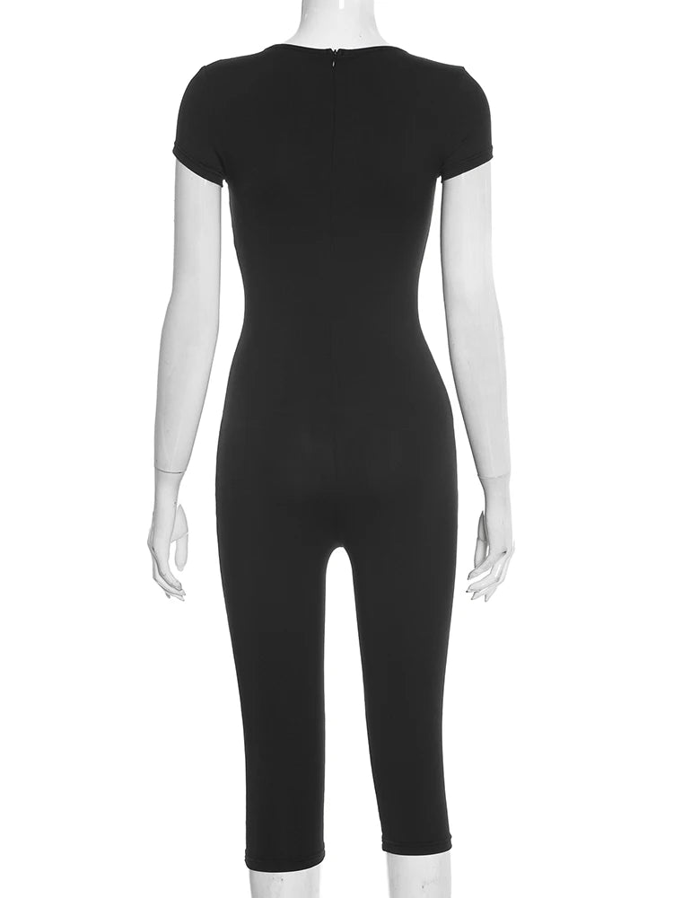 Patchwork Irregular Low-Neck Short Sleeve Stretch Playsuit for Women