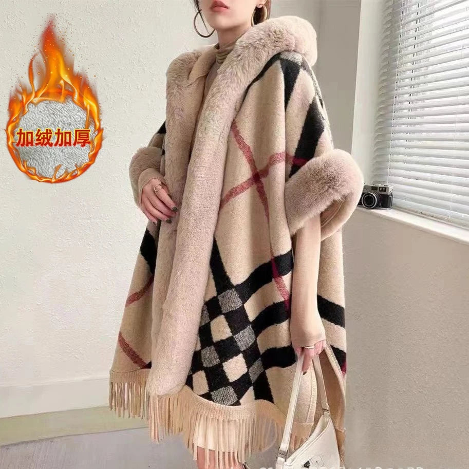 Faux Rabbit Fur Plaid Hooded Poncho Coat for Women