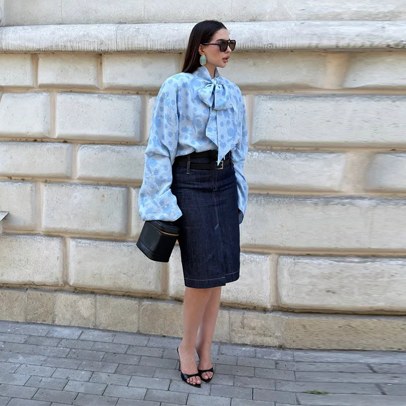 Elegant Printed Long Sleeve Lace Up Collar Blouse for Women