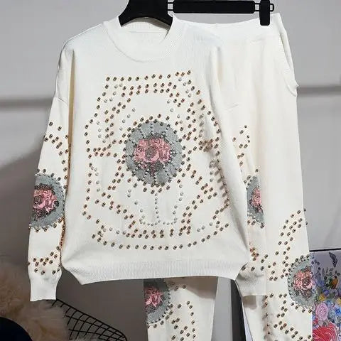 Spring Autumn Women Knitting Suits Trendy Beading Cross Stitch Pullover Sweater Top + Loose Casual Harem Pants White Knit Sets
