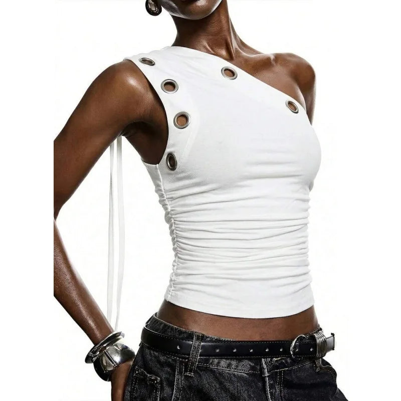 One Shoulder Crop Top with Metal Eyelets for Women