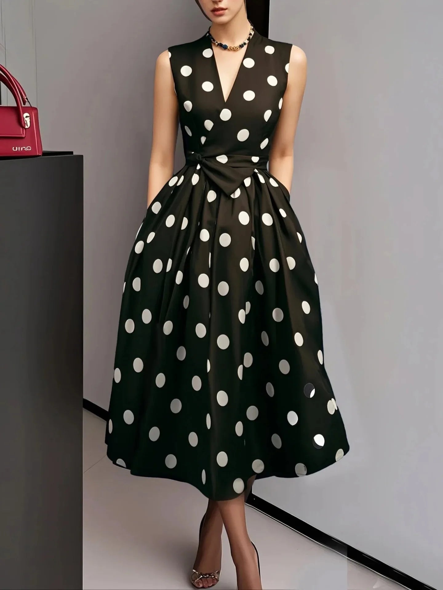 Elegant Retro Polka Dot Slim Fit Midi Dress for Women