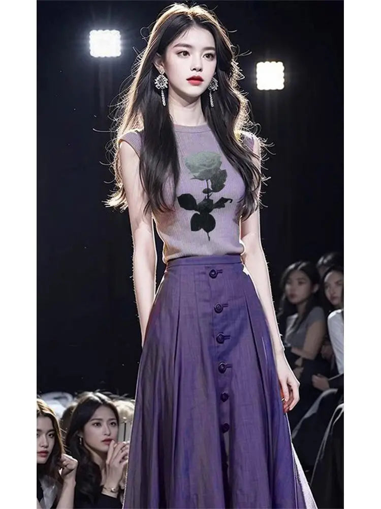 Floral Print Slim T Shirt and High Waist Pleated Skirt Two Piece Set for Women