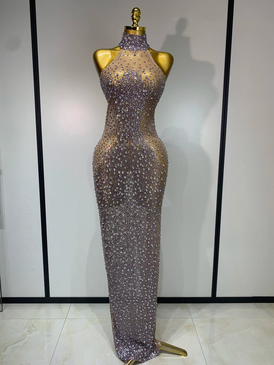 2025 New Sleeveless Mesh See Through Long Dress Sexy Backless Sparkly Rhinestone Dress Celebration Festival Evening Party Gowns