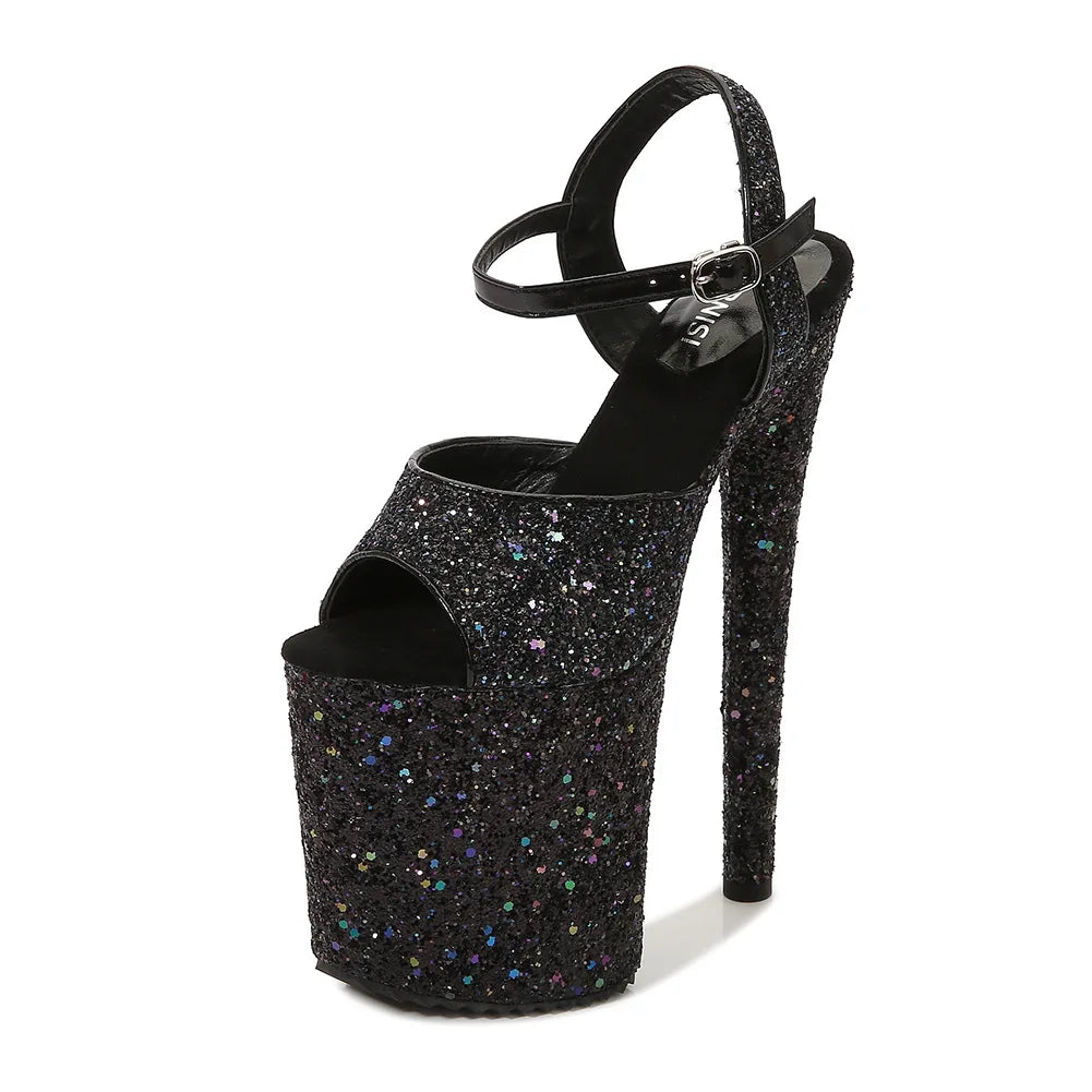 Elegant Sequined Gold High Heel Platform Sandals for Women
