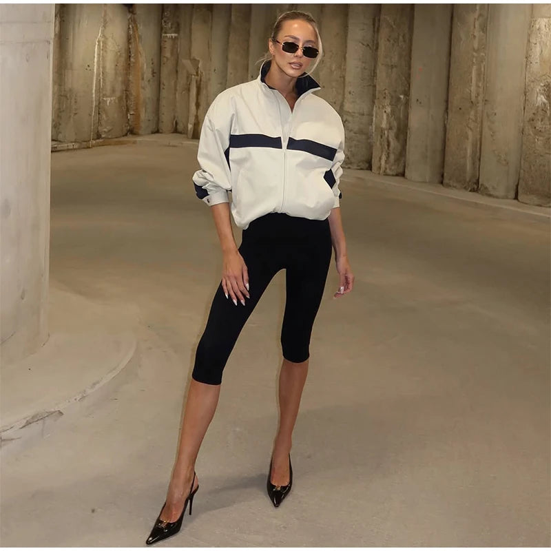 Color Block Zip Up Cropped Jacket With Stand Collar For Women