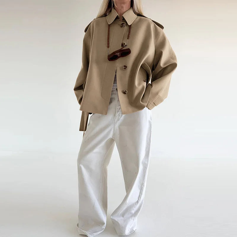 Elegant Belted Vintage Style With Stand Collar Coat for Women