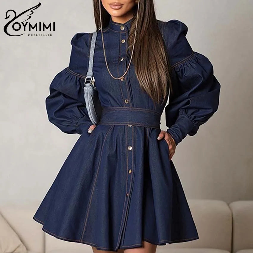Oymimi Elegant Blue Denim Womens Dresses Fashion O-Neck Long Sleeve High Waisted Dresses Casual Button Mini Dress Streetwear