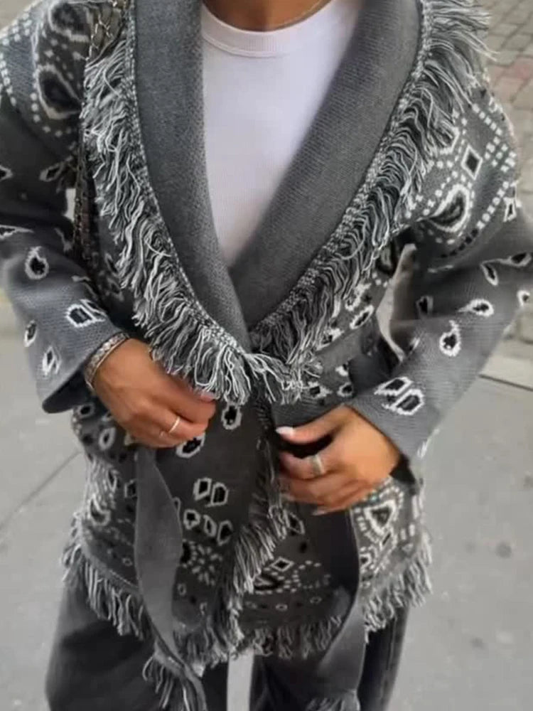 Loose Jacquard Patchwork V-Neck Cardigan With Tassels For Women