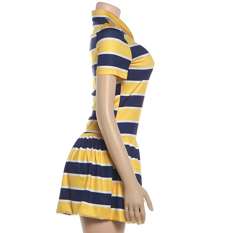 Vibrant Yellow Striped Patchwork Mini Dress for Women