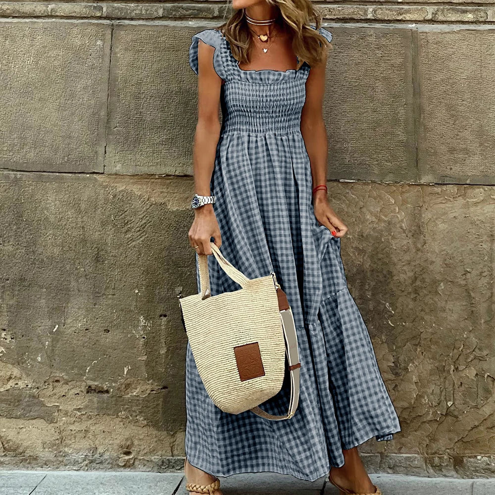 Women's Check Plaid Sleeveless Square Neck A-Line Maxi Dress Summer Ladies Casual Vacation Holiday Beach Sundress Size S-2XL