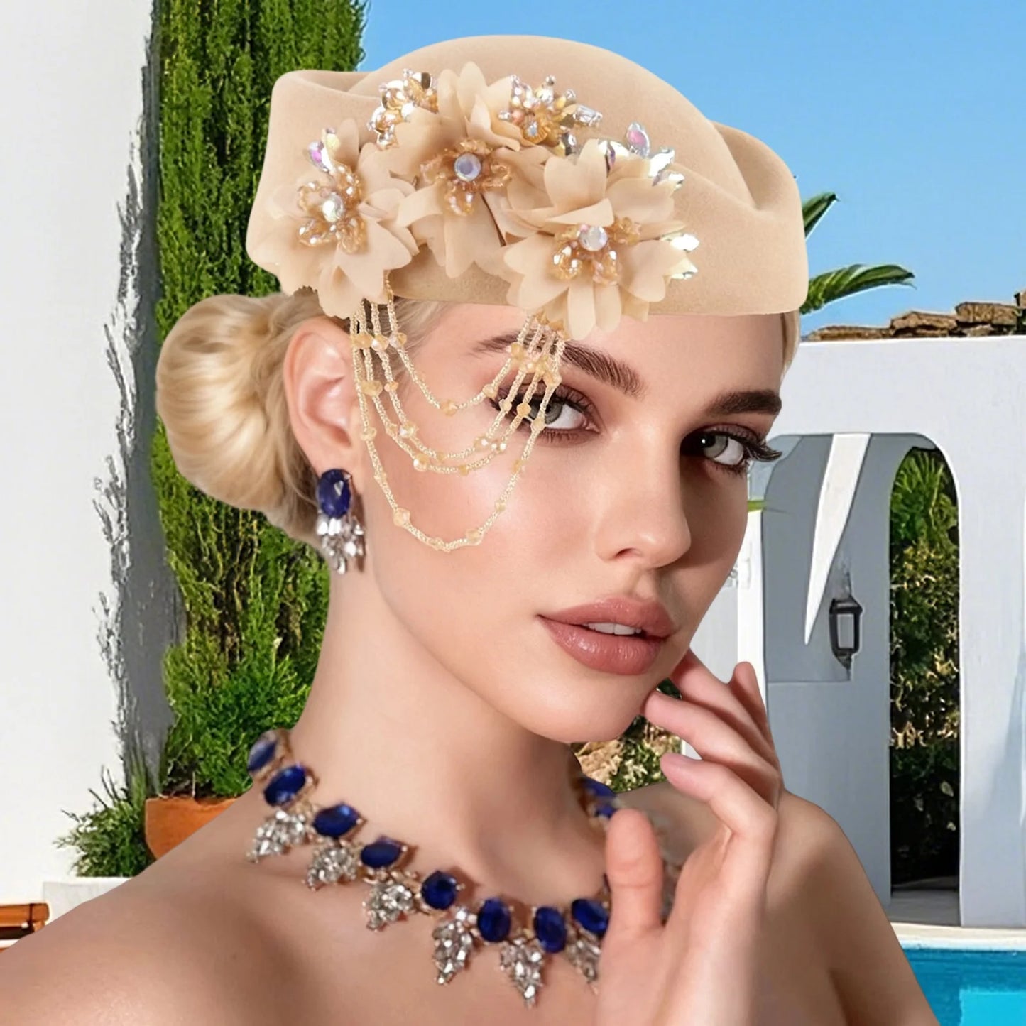 Retro British Beret With Floral Rhinestone Decor For Women