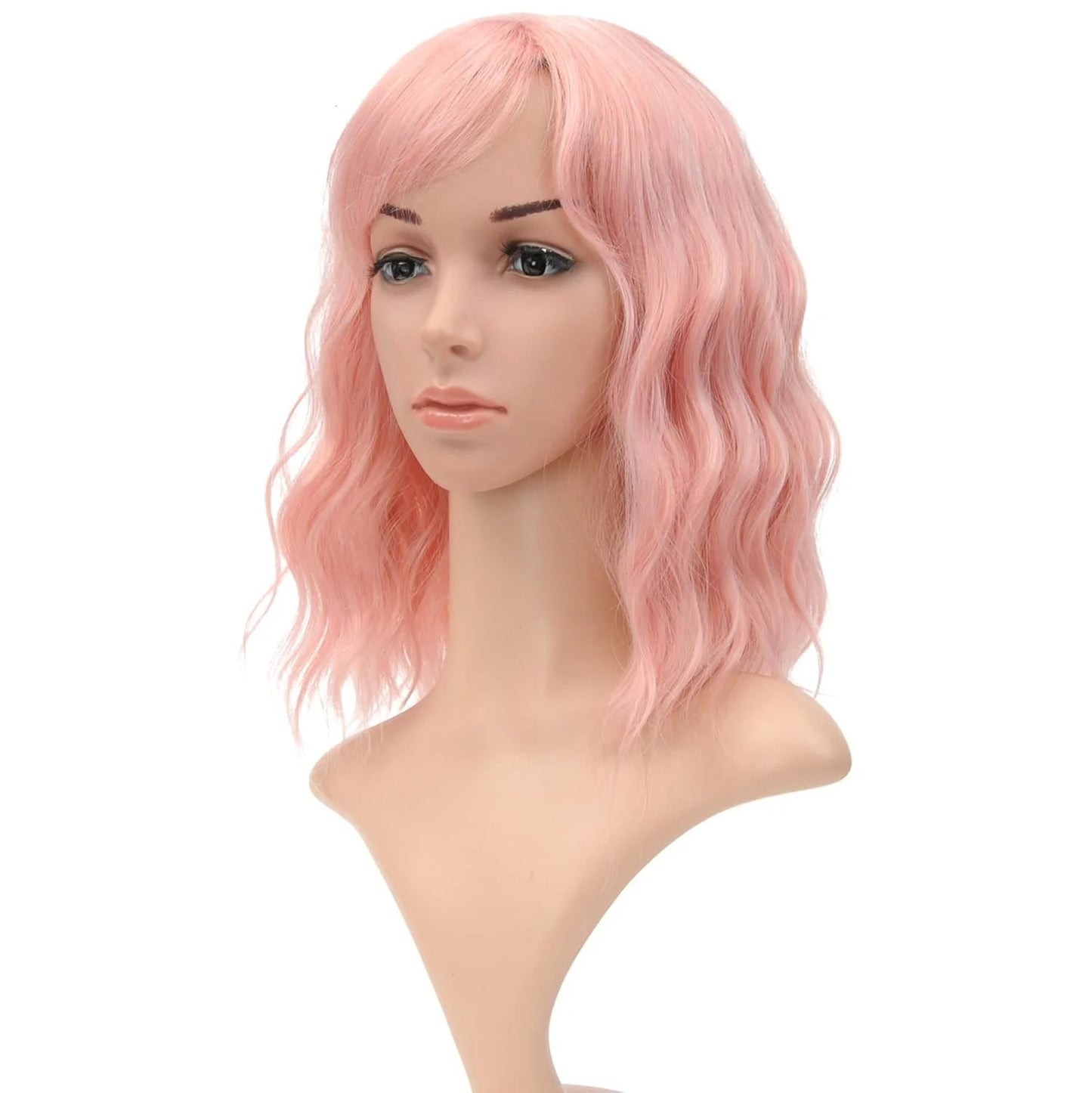 Natural Brown Synthetic Curly Wavy Bob Wig With Bangs For Women