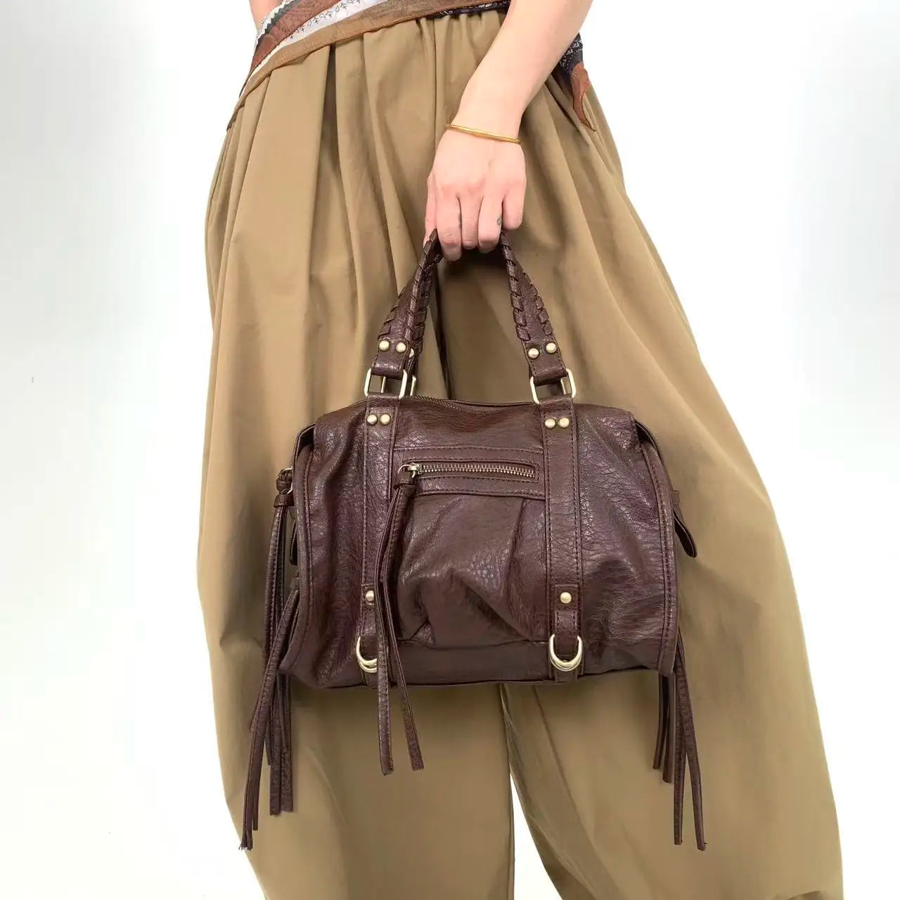 Vintage Street Style Rivet Embellished Shoulder Bag for Women