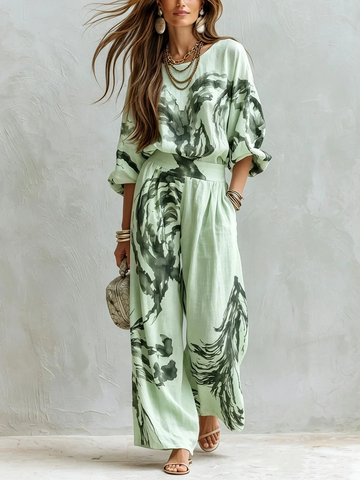 Casual Retro Printed Two Piece Pants Set for Women