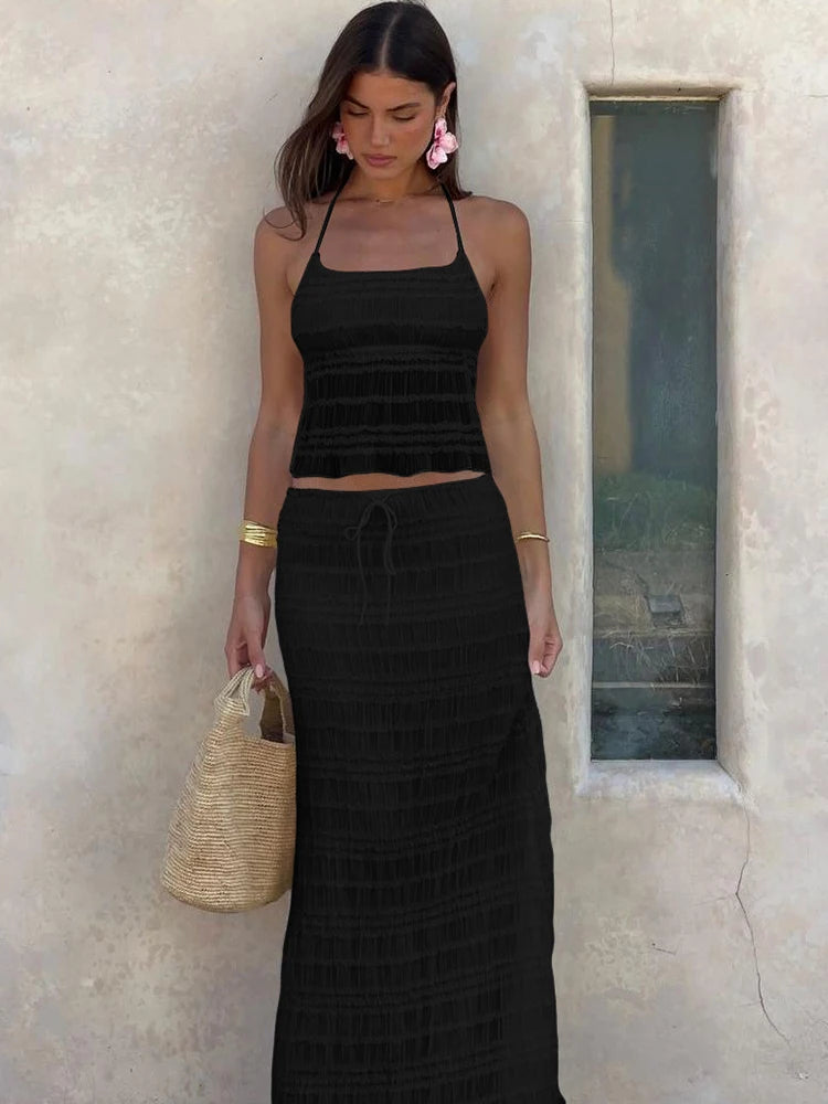 Elegant Backless Halter Two Piece Skirt Set for Women
