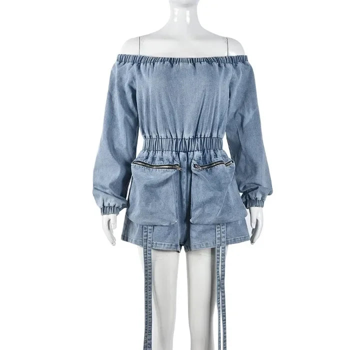 Denim Jumpsuit Womens Clothing Pocket Sexy  Chest Hugging Elastic Waist Long Sleeves Conjoined Body Shorts for Female Streetwear