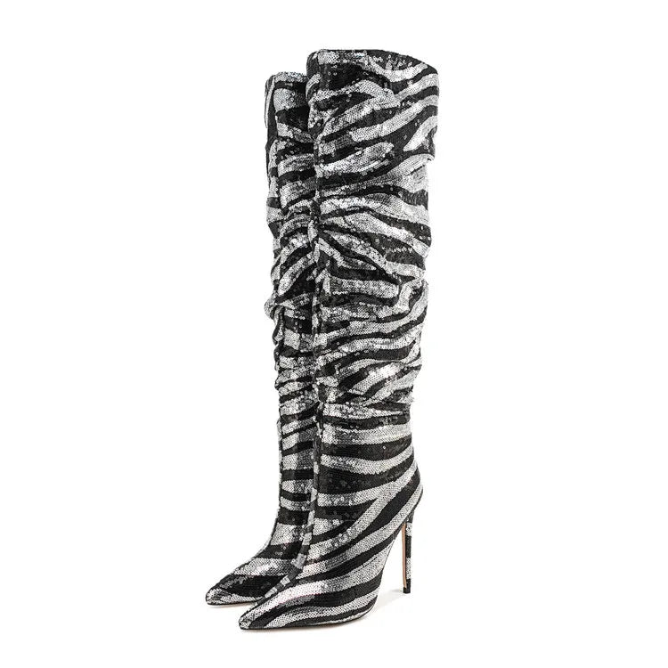 Sequined Pointed Toe Knee High Heeled Boots for Women