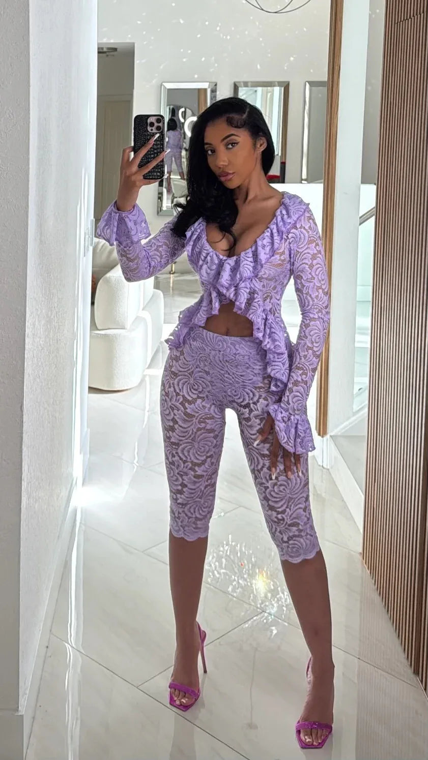 FAGADOER Sexy Lace See Through 2 Piece Sets Woman Outfit Mesh Hollow Out Crop Top and Shorts Suit Female Y2K Streetwear Clothing