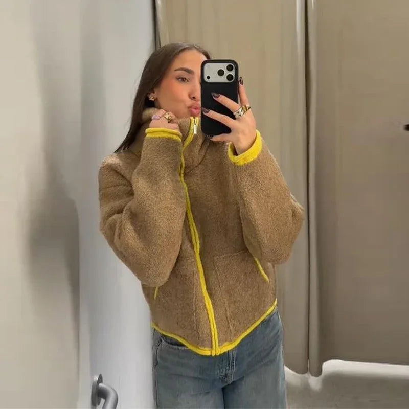 Fuzz Yellow Contrast Long Sleeve With Zipper Coat for Women