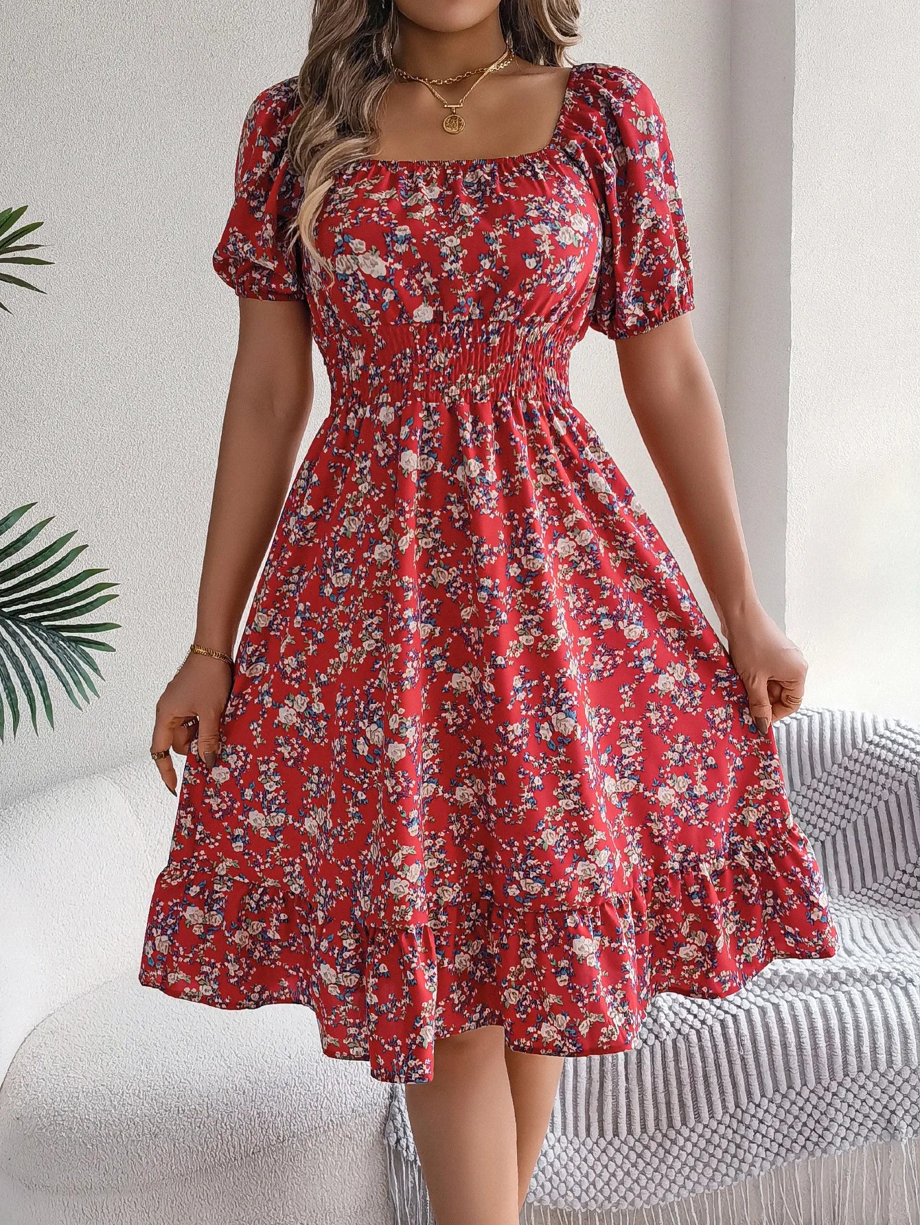 Floral Square Neck Short Sleeve High Waist Swing Dress for Women