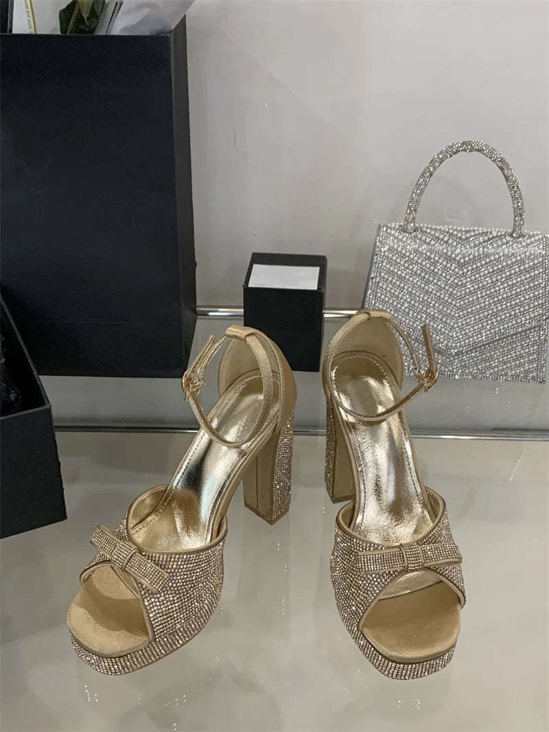 Crystal Bowknot Open Toe Platform Sandals for Women