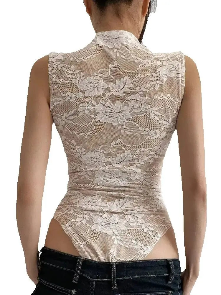 Elegant Sleeveless Bodycon Lace Bodysuit Top For Women