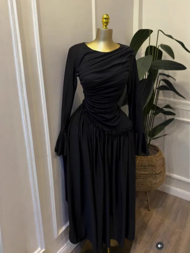 Elegant Pleated O Neck Long Sleeve Maxi Dress For Women