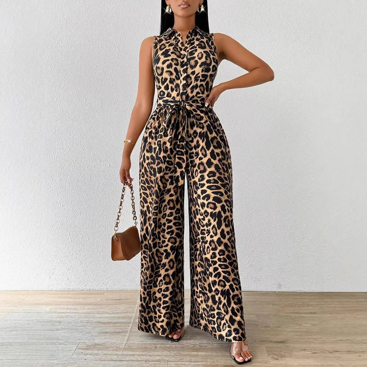 Sleeveless Leopard Print Ankle Length Jumpsuit for Women