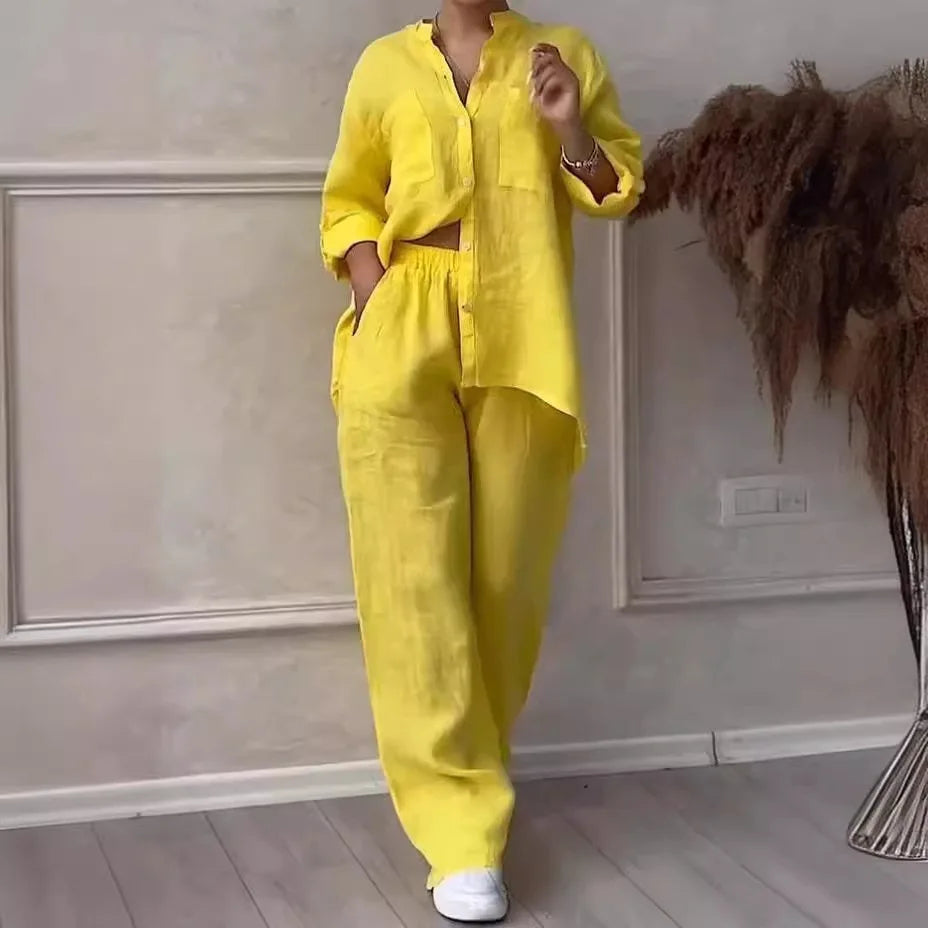 Loose Cotton Linen Shirt And Wide Leg Pants Set For Women