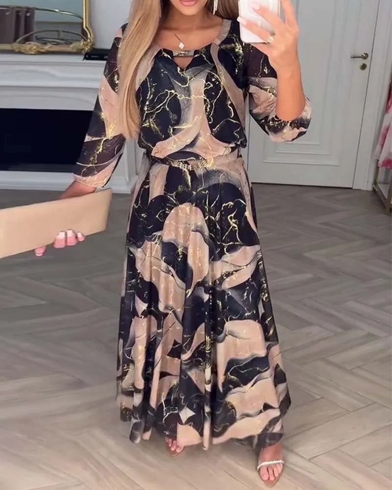 Elegant Cinched Waist Printed Long Dress for Women