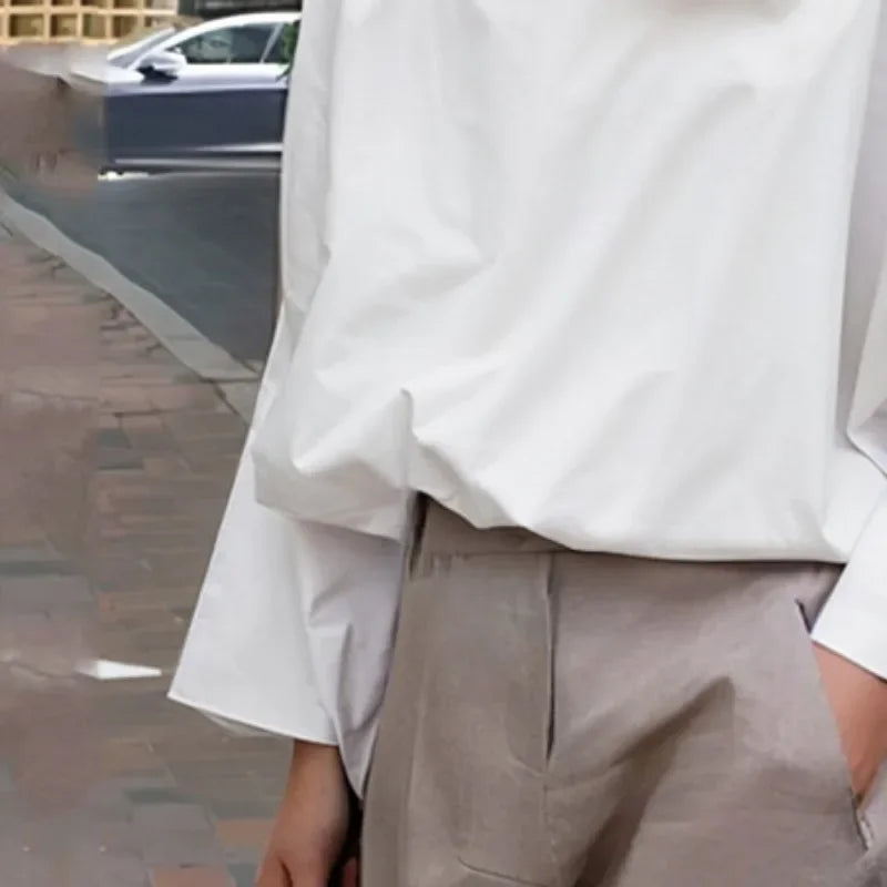 Beautyblue Women's Ubran Blouses White Shirts Tops Fashion Cotton Stand Collar Loose Long Sleeves Buttons Simple Women Clothing