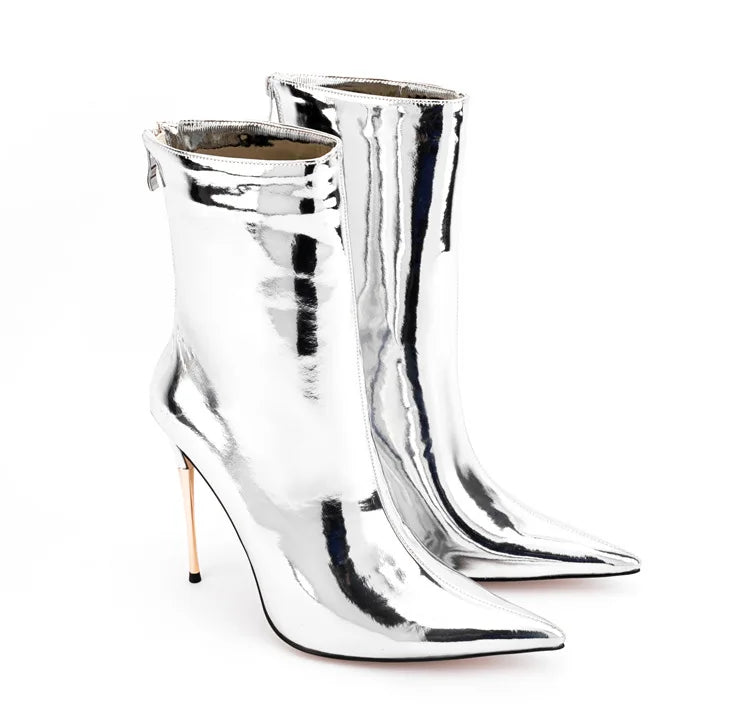 Shiny Blue Mirror Stiletto Boots with Side Zipper for Women