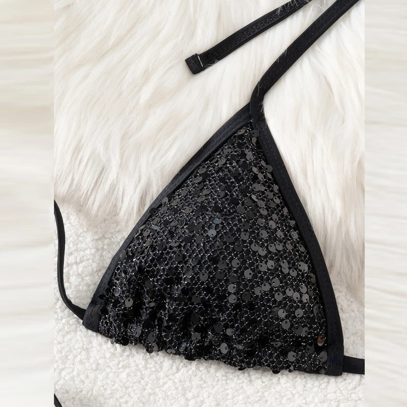 New Sequined Mesh Women's Bikini Two Piece Sets Beach Vacation Lace Up Slim Fit Swimsuit Summer Sexy Hollowed Out Beach Swimwear