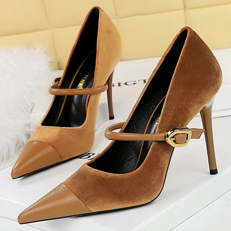 Suede Buckle Strap Pointed Toe Stiletto Pumps for Women