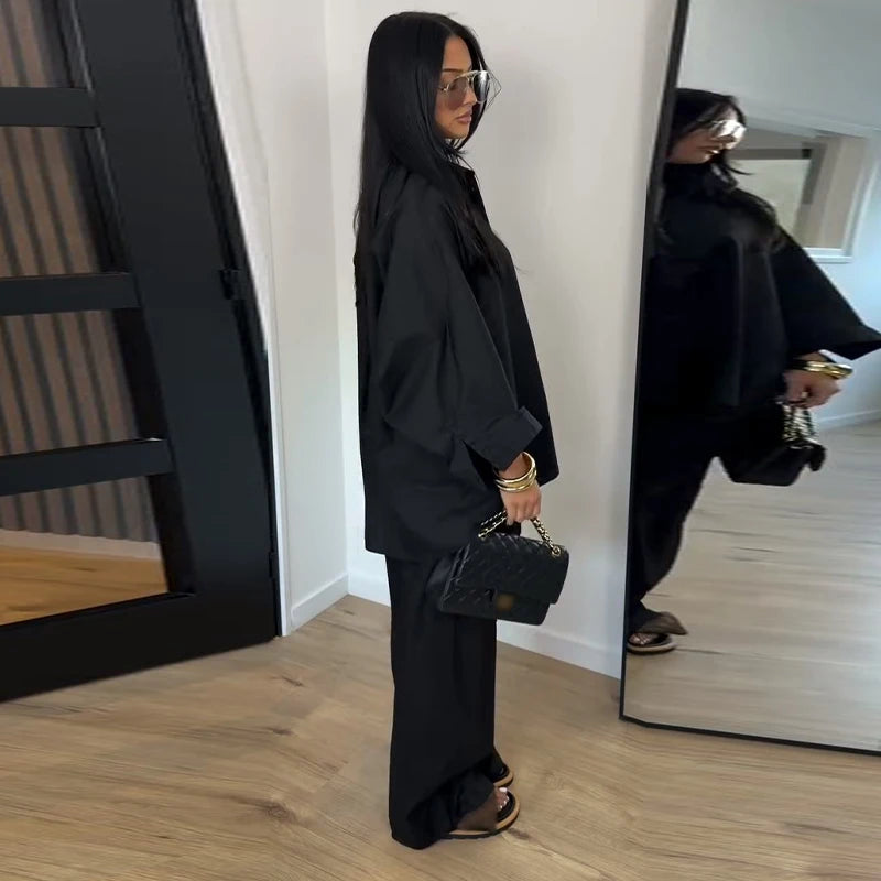 Casual Solid Shirt and Wide Leg Pants Set for Women