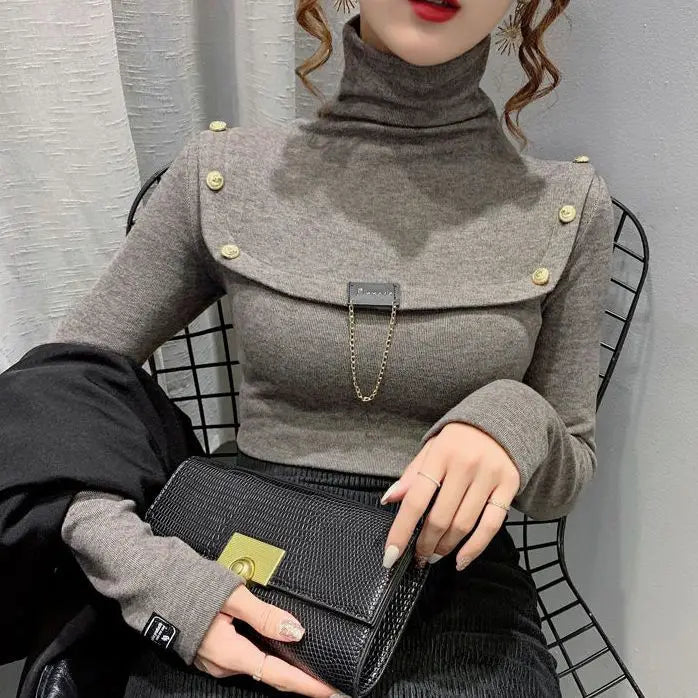 Elegant Button Detail Knit Turtleneck Sweater For Women