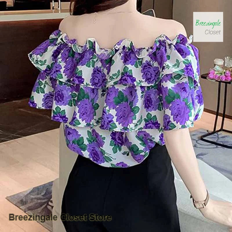 Casual French Style Floral One Shoulder Shirt For Women
