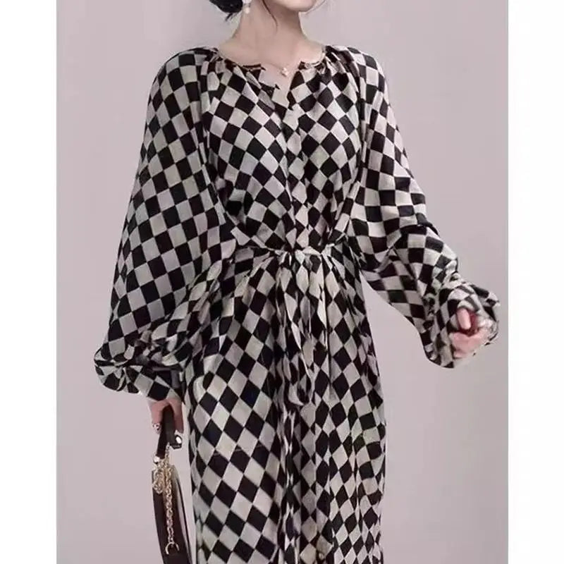 Lace Up Lantern Sleeve Plaid Dress