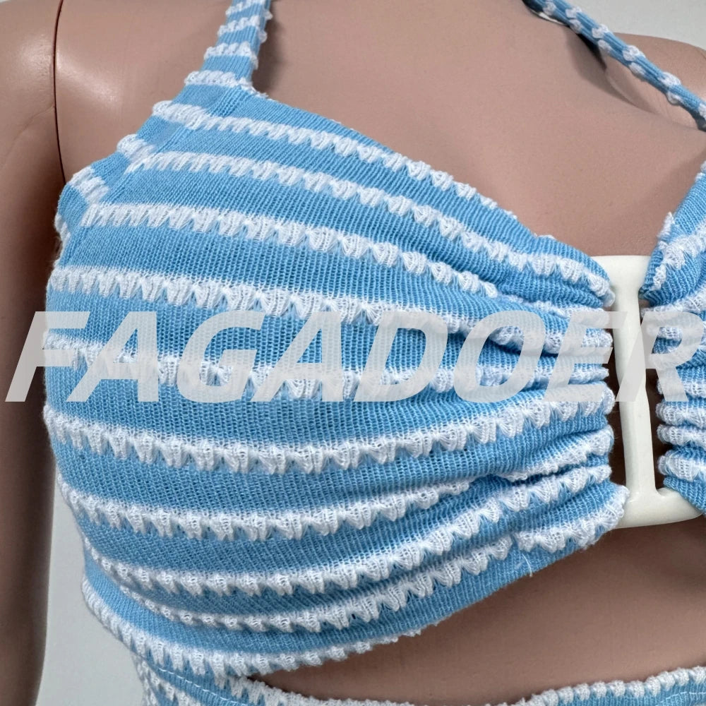 FAGADOER Sexy Stripe Patchwork Two Piece Outfits Woman Halter Backless Tank Top + Skinny Pants Suits Female Streetwear Clothing