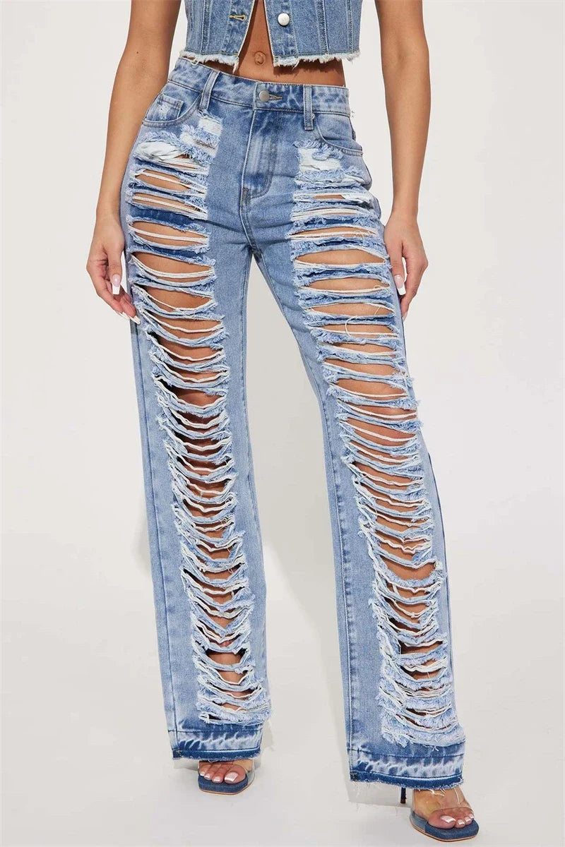 High Waist Ripped Straight Leg Summer Jeans for Women
