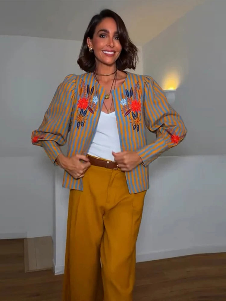 Elegant Striped Embroidered Open Stitch Jacket for Women