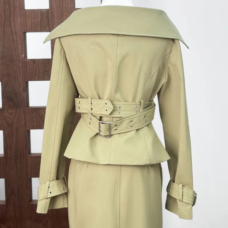 KUCLUT Fashion Elegant Versatile Large Lapel Waist Double-Breasted Short Trench Coat For Women Wrapped Hip Skirts Female 1A800