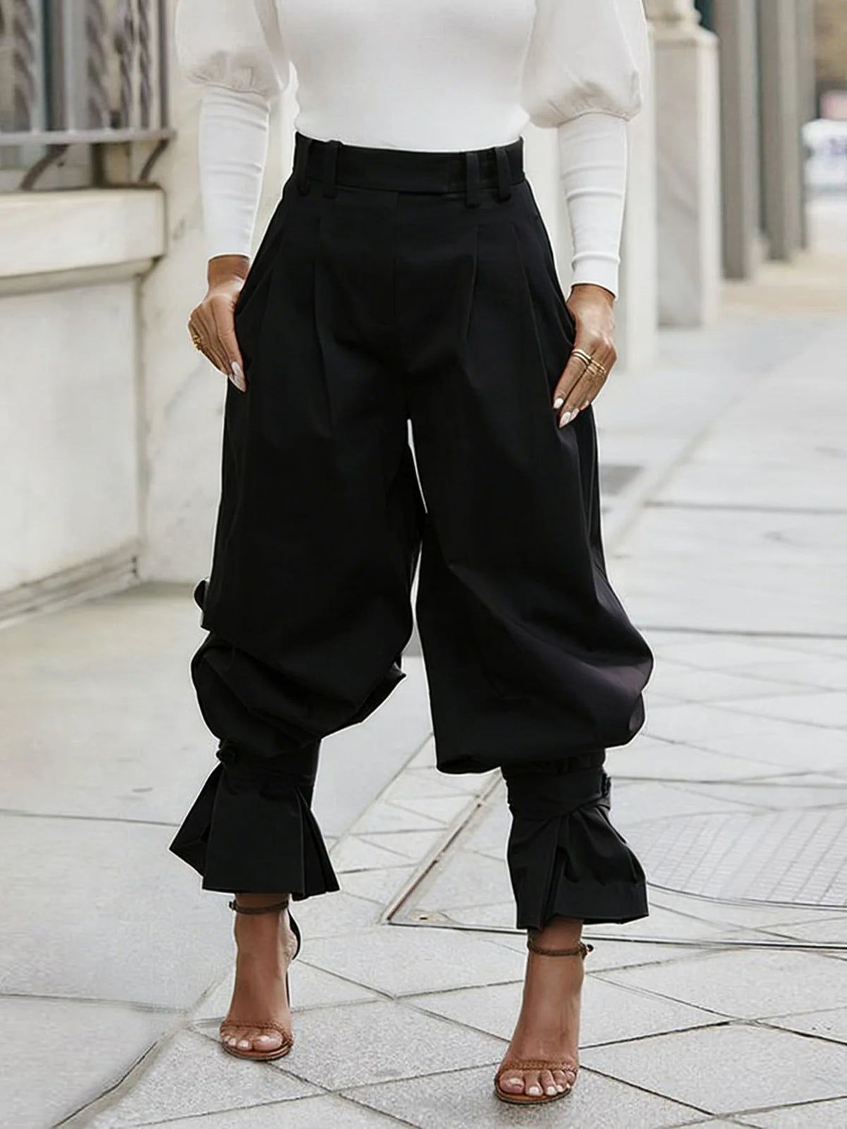 Ruched Stretch Wide Leg Casual Work Trousers for Women