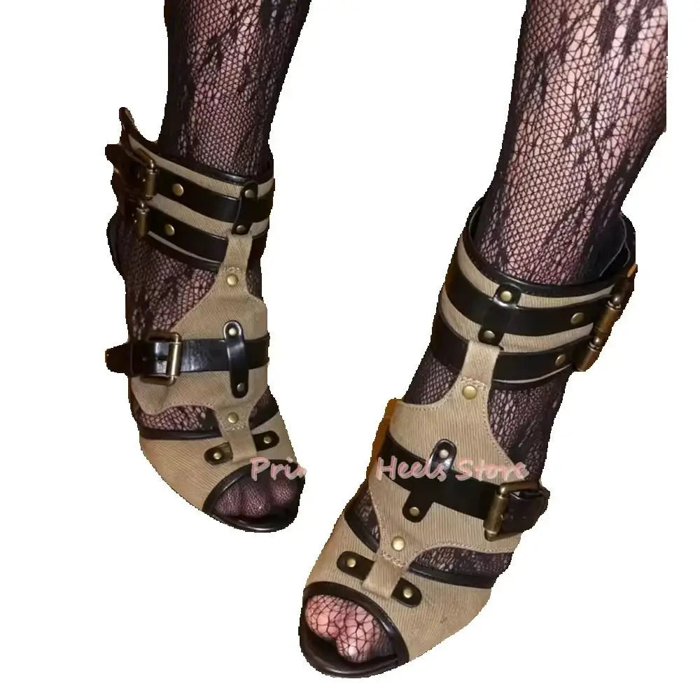 Denim Buckle Strap Open Toe Back Zipper Sandals for Women