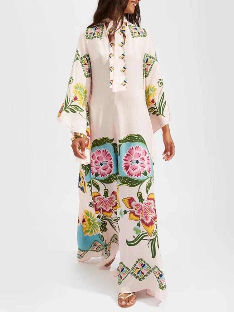 Loose Fit Lace Up V Neck Maxi Dress