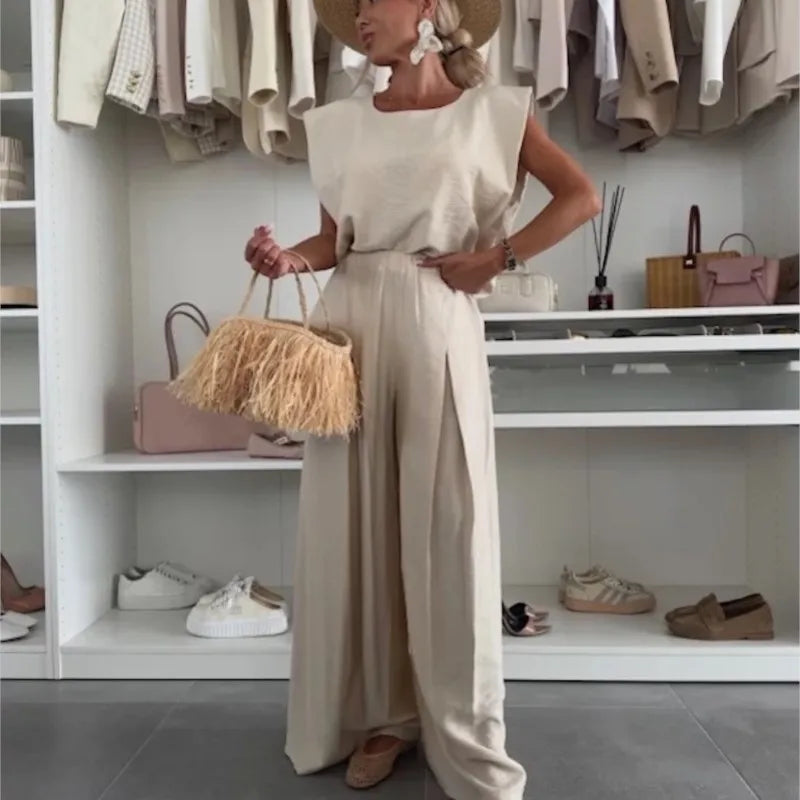 Women's Casual 2-Piece Set Crew Neck Sleeveless Top Wide Leg Pants Set Summer Casual Loungewear Outfit for Travel Vacation
