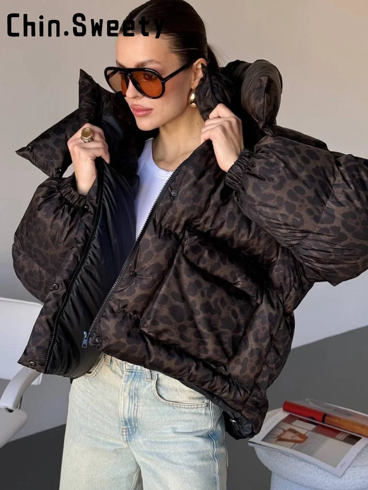 Casual Leopard Print Hooded Puffer Jacket For Women