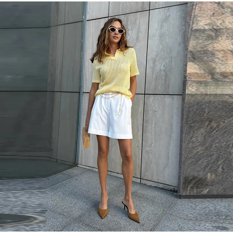 Casual Hollow Out Knit V Neck Pullover Sweater for Women