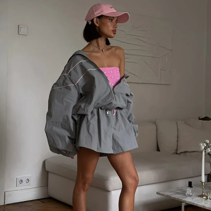 Casual Striped Lapel Jacket And Shorts Set for Women